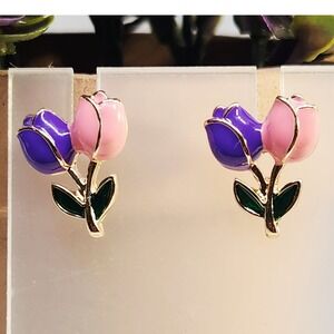 Tulip Flower Stud Earrings Pink Purple Enamel Gold Tone Floral Botanical Studs